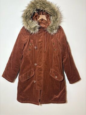 AMERICAN EAGLE AE Women's Y2K Corduroy Penny Lane Long Parka Coat Faux Fur Med